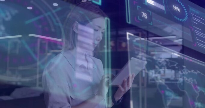 Woman tech pro holding tablet and tapping, updating HUD graphs and world map, monitoring data