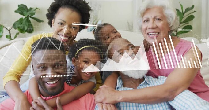 Family holding portrait pose, sparking animated data charts growing and sliding across sofa for UX