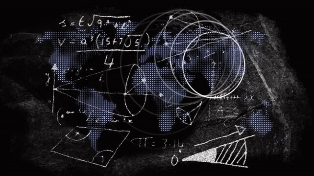 Rings shifting and rotating driving chalk sketches appearing over dotted world map, explaining math