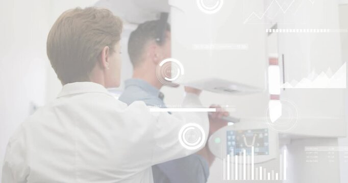 Clinician reaching machine, adjusting head and chin for dental X-ray while HUDs showing alignment