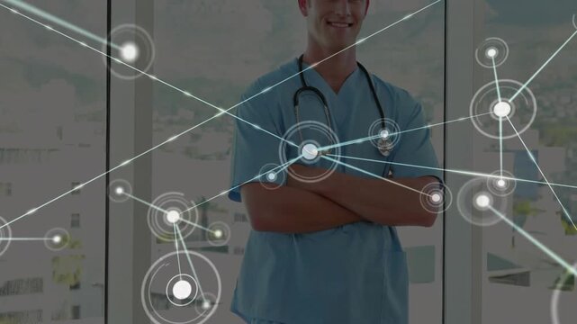 Vertical video: Male doctor near windows, torso graphic appearing expanding HUD web mapping data