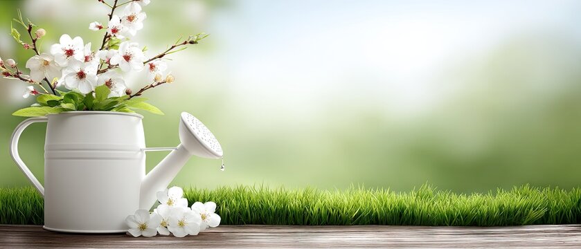Watering can placed on grass with spring flowers near blooming tree creating a bright outdoor scene