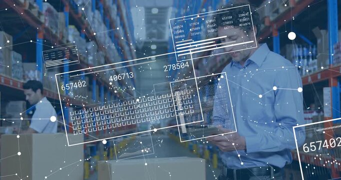 Warehouse tech tapping tablet, causing AR panels updating inventory while coworker stacking boxes