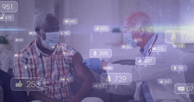 Male patient exposing upper arm, male provider giving vaccine with syringe, floating like icons