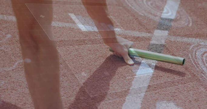 Male athlete hand closing around green baton, aligning on lane with overlays guiding sports relay