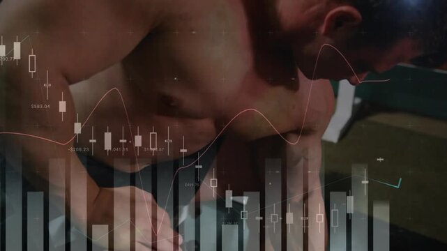 Man reaching for dumbbell and pulling for strength while candlestick chart and bar graph overlaying