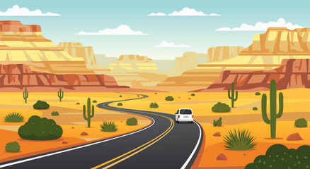 Scenic desert road trip vector illustration with cactus and rock formations, perfect for travel and adventure themes © Purnomo
