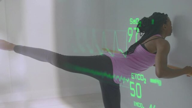After gripping barre, woman holding arabesque for fitness with overlay tracking SaO2 or ETCO2