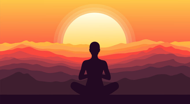 Vector illustration of a person meditating in a lotus pose against a vibrant sunset and mountain landscape