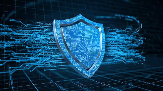 A blue shield with a digital circuit background represents cybersecurity in a futuristic video.