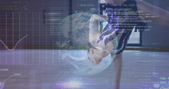 Female gymnast raising arm and starting in gym, training acro sequence with globe+data overlaying