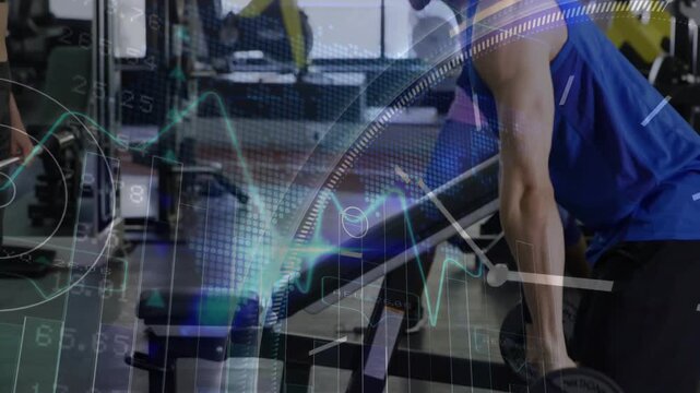 Male exerciser gripping dumbbells, hinging and rowing at gym, HUD overlay monitoring technique