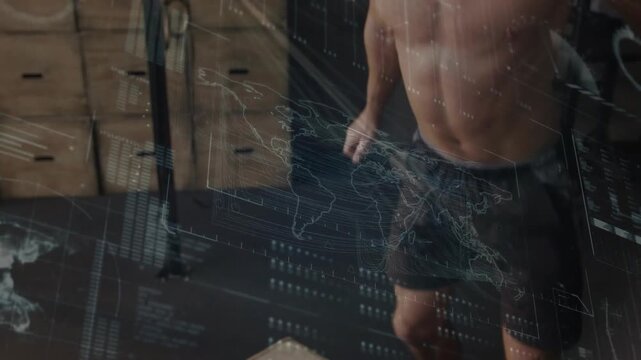 Man in gym checking watch, rising from box, hopping down, pulling grip, HUD mapping fitness metrics