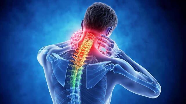 3D human body with highlighted neck pain, Anatomy showing cervical spine inflammation and muscle tension