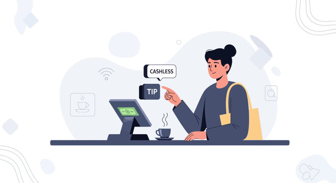 Customer paying cashless tip at cafe counter with POS terminal