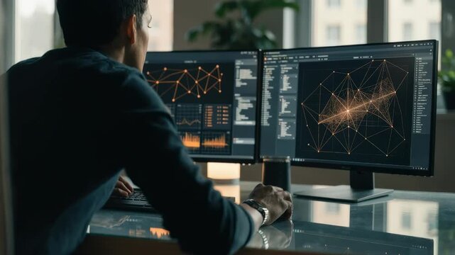 Professional managing antenna tilt through dual monitors displaying AI algorithms focused software panels contrast with softened peripherals emphasizing datadriven precision.
