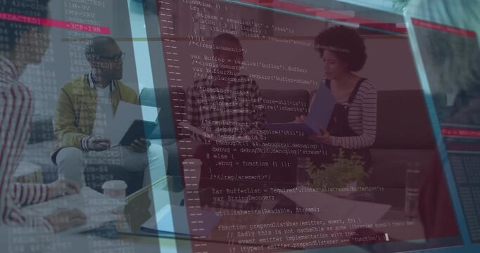 Team sitting reviewing blue folder for tech, overlay appearing at start showing code and red bars