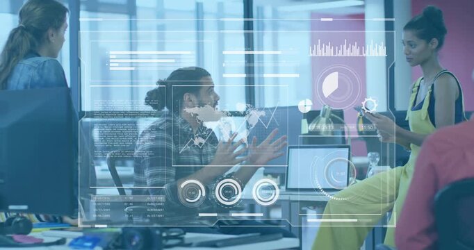 Vertical video: Man-bun man gesturing presenting to team at desk data HUD overlaying laptop chart