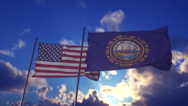 United States and New Hampshire State Flags Waving Against Dramatic Sky