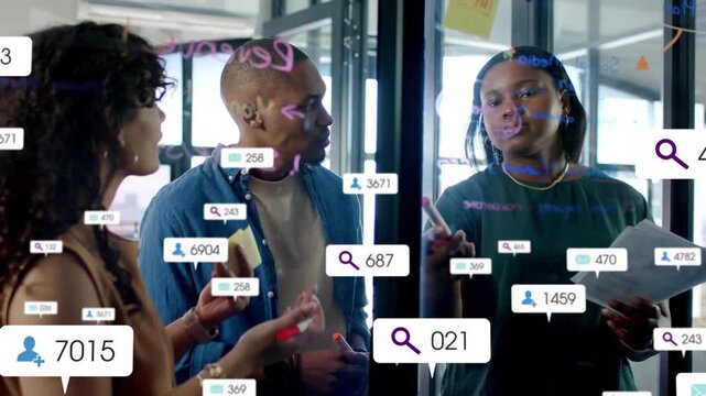 Vertical video: Marketing team planning at glass right woman pointing papers badges covering people