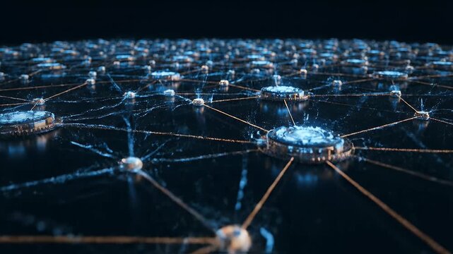 A video showcasing a futuristic network of interconnected nodes and lines in a dark blue environment.