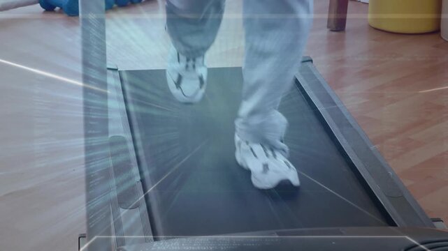 Vertical video: Runner ramping treadmill, adjusting feet, starburst marking steps for fitness