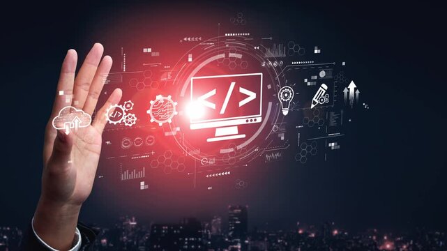 Modern web development concept featuring coding symbols, web development process, web development interface, and web development tools with futuristic design. Muxer