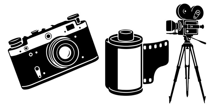 Set of vintage photography and cinematography equipment silhouettes isolated