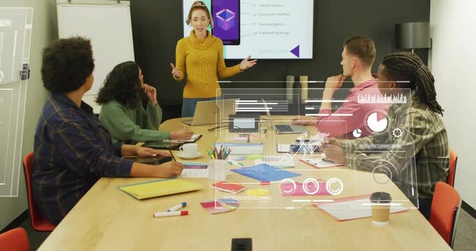 Presenter woman leading business meeting, gesturing and launching HUD overlays to illustrate slides