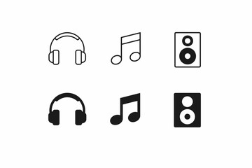 Black and white music icons: headphones, musical notes, and speakers