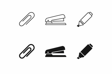 Minimalist black and white icons of office supplies: paperclip, stapler, highlighter