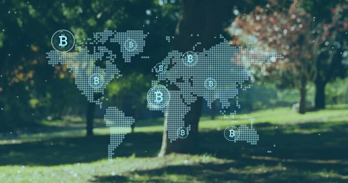 Dotted map overlay filling park, single Bitcoin marker sparking pulsing markers showing finance