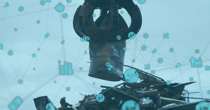 Grab lowering on worker signal, tines aligning and gripping scrap for salvage guided by teal nodes