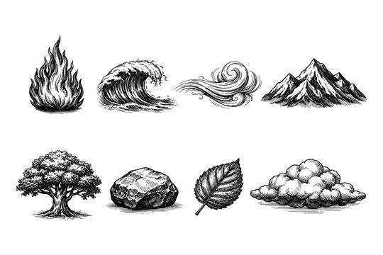 Collection of eight hand-drawn elements representing the four classical elements and nature