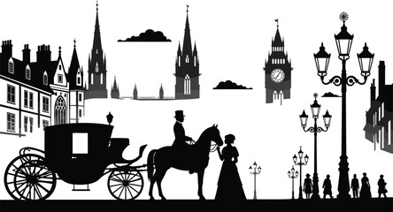 Victorian city street scene with horse carriage, elegant couple, historic buildings, and vintage street lamps, classic black silhouette vector illustration for retro urban themes © It's Majed Here