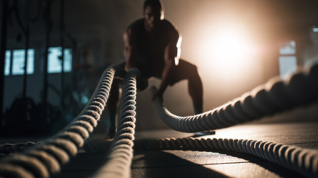 Man training with battle ropes, engaging full body in dynamic exercise in a gym. Focus on fitness, power, and determination