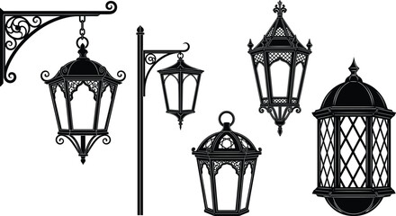 Vintage outdoor lantern collection with ornate street lights, classic decorative lamps, antique black silhouette vector illustration for urban lighting, architecture, and retro design themes © It's Majed Here