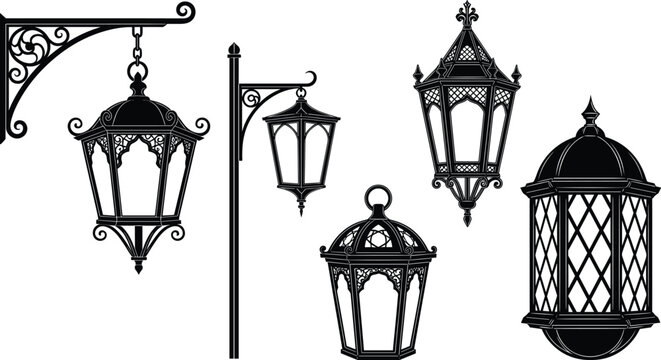 Vintage outdoor lantern collection with ornate street lights, classic decorative lamps, antique black silhouette vector illustration for urban lighting, architecture, and retro design themes