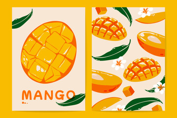 Obraz premium Mango packaging design. Tropical fruit label with organic ripe sweet mangos, abstract vintage posters for juice or smoothie. Vector background set