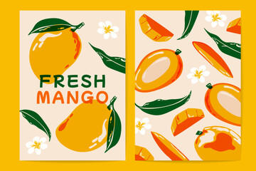 Obraz premium Mango backgrounds. Tropical fruit posters with ripe yellow mango, abstract banner design with asian juicy fruits, healthy food diet concept. Vector vintage set