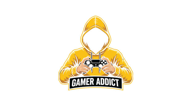 Gamer addict wearing yellow hoodie holding video game controller illustration