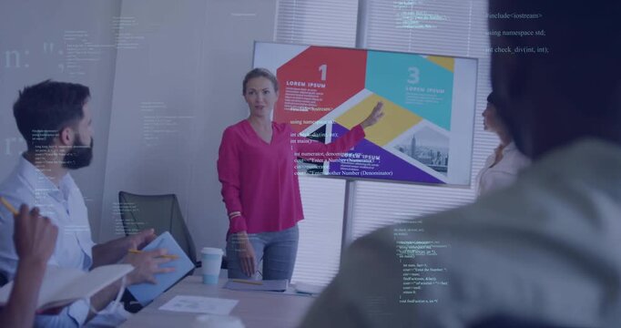 Lead pointing chart peer joining code lines scrolling over room biz team noting aligning strategy
