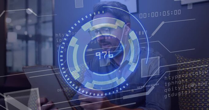 Man tapping tablet and activating rotating HUD, updating live tech numeric readouts for analysis