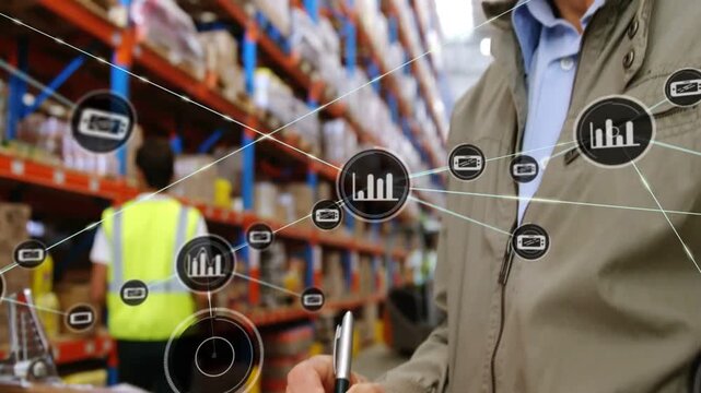 Vertical video: Manager writing on clipboard creating data linking shelves showing inventory flow