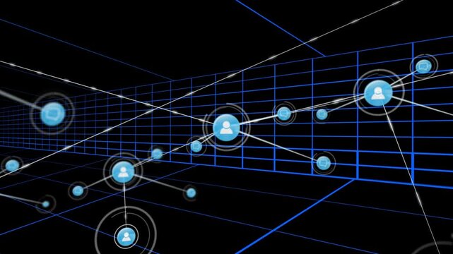 Glowing marker pulsing causing hub avatar making nodes and links, camera panning, revealing network