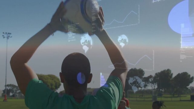 Player holding ball high, lifting and releasing throw-in to reach teammate, showing sports charts