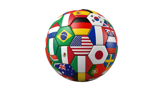 A soccer ball covered in various international flags 