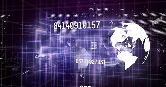 Camera panning left, advancing, revealing rotating globe, cascading numbers, visualizing tech data