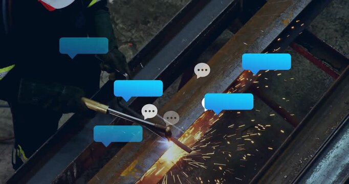 Vertical video: Welder torch sparking beam, cutting steel for fab while bubbles overlap cut fading