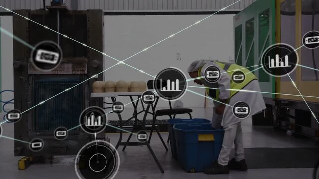 On arrival worker picking, inspecting and placing rounds into blue bin for packing, icons spreading